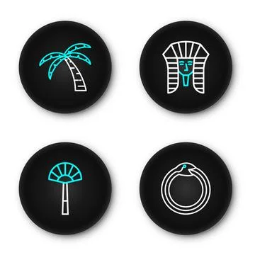 Set line Magic symbol of Ouroboros, Egyptian fan, pharaoh and Scarab icon. .. Stock Illustration