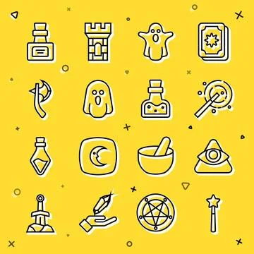 Set line Magic wand, All-seeing eye of God, Ghost, Wooden axe, Bottle with .. Ilustração Stock