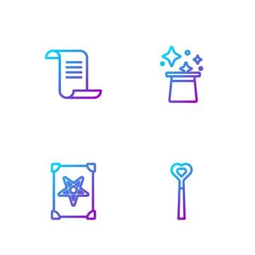 Set line Magic wand, Ancient magic book, and hat. Gradient color icons. Vector Ilustração Stock