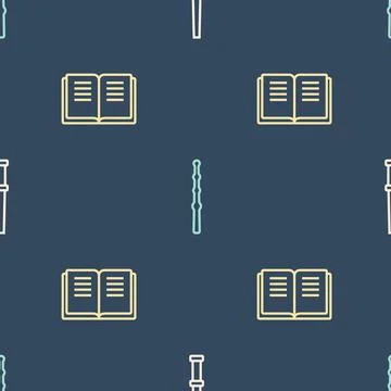 Set line Magic wand, Ancient magic book and on seamless pattern. Vector Stockillustratie