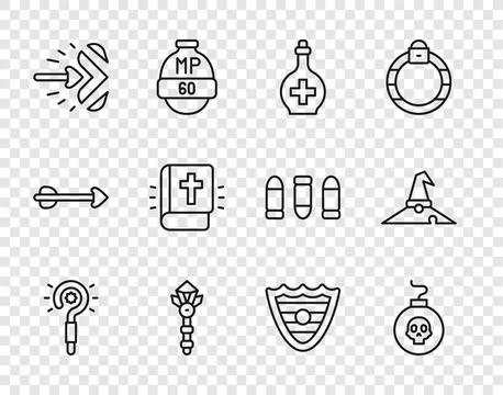 Set line Magic wand, Bomb ready to explode, Bottle with potion, arrow, Holy.. Stock Illustration