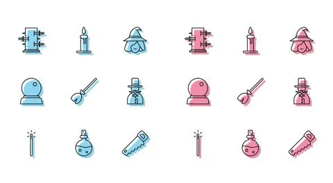 Set line Magic wand, Bottle with love potion, Trunk for magic tricks, Hand saw Stock Illustration