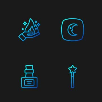 Set line Magic wand, Bottle with potion, Hand holding fire and Moon stars. .. Ilustração Stock