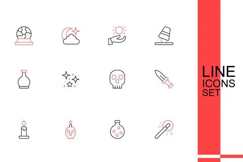 Set line Magic wand, Bottle with potion, Burning candle skull, Dagger, Skul.. Stock Illustration