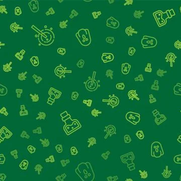 Set line Magic wand, Bottle with potion and Ghost on seamless pattern. Vector Stock Illustration