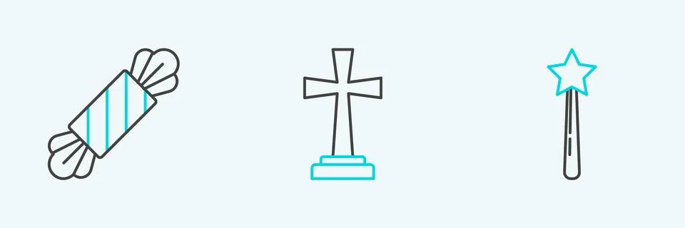 Set line Magic wand, Candy and Tombstone with cross icon. Vector Stock Illustration