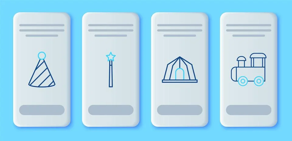 Set line Magic wand, Circus tent, Party hat and Toy train icon. Vector Stock Illustration