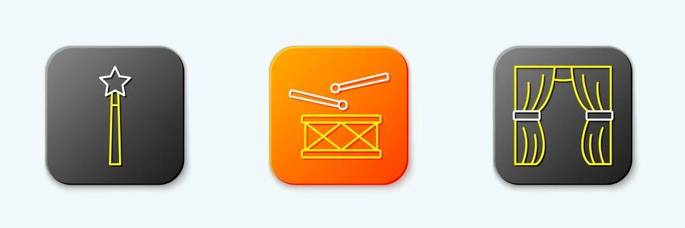 Set line Magic wand, Drum with drum sticks and Circus curtain raises icon. .. Stock Illustration