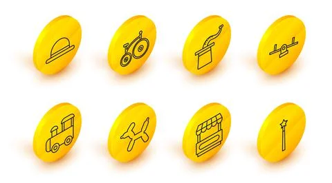 Set line Magic wand, Fast street food cart, Balloon dog, Toy train, Seesaw Stock Illustration