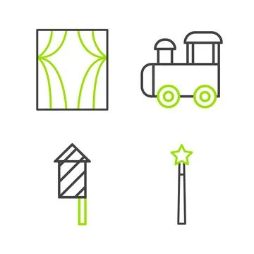 Set line Magic wand, Firework rocket, Toy train and Circus curtain raises icon Illustrazione stock