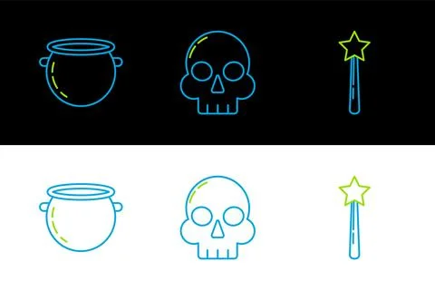 Set line Magic wand, Halloween witch cauldron and Skull icon. Vector Stock Illustration