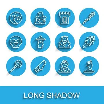 Set line Magic wand, Hand saw, Moon stars, Wizard warlock, Zombie hand, mir.. 스톡 일러스트
