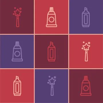 Set line Magic wand, Marker pen and Tube with paint palette icon. Vector Stock Illustration