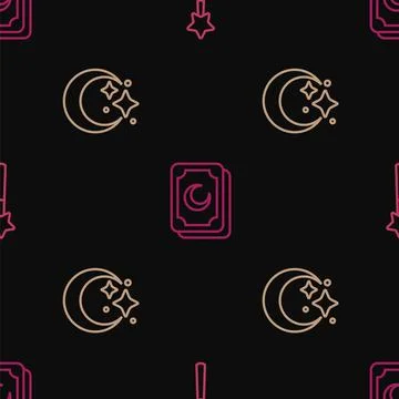 Set line Magic wand, Moon stars and Tarot cards on seamless pattern. Vector Stock Illustration
