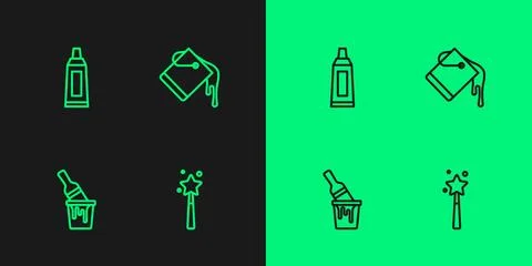 Set line Magic wand, Paint bucket with brush, Tube paint palette and  icon... Stock Illustration
