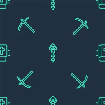 Set line Magic wand, Pickaxe and Holy bible book on seamless pattern. Vector Illustrazione stock