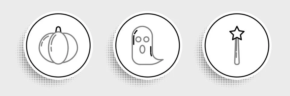 Set line Magic wand, Pumpkin and Ghost icon. Vector Stock Illustration