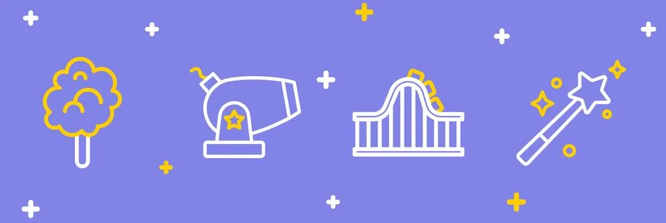 Set line Magic wand, Roller coaster, Cannon and Cotton candy icon. Vector Illustrazione stock