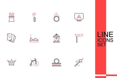 Set line Magic wand, Roller coaster, Vintage bicycle, Jester hat with bells.. Stock Illustration