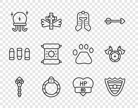 Set line Magic wand, Shield, Medieval helmet, stone ring, ball, Decree, parch Stock Illustration