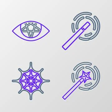 Set line Magic wand, Spider web,  and Pentagram icon. Vector Stock Illustration