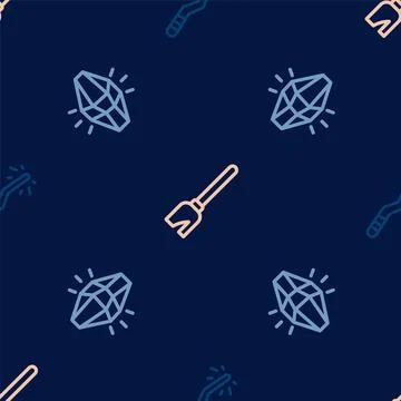 Set line Magic wand, stone and Witches broom on seamless pattern. Vector Stock Illustration