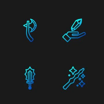 Set line Magic wand, sword in fire, Wooden axe and stone. Gradient color ic.. Illustrazione stock