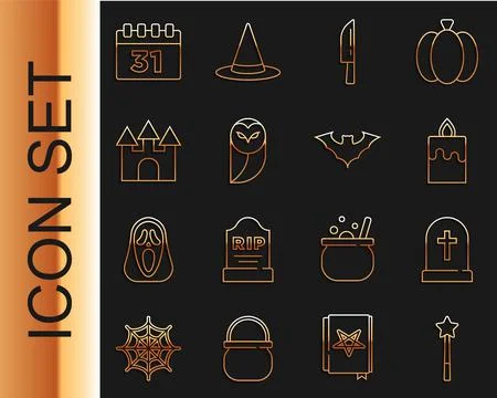 Set line Magic wand, Tombstone with cross, Burning candle, Knife, Owl, Castle Stock Illustration