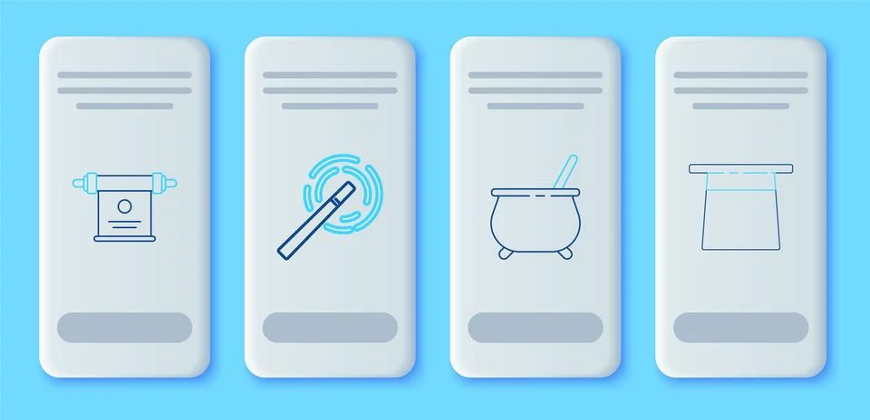 Set line Magic wand, Witch cauldron, scroll and Magician hat icon. Vector Illustrazione stock
