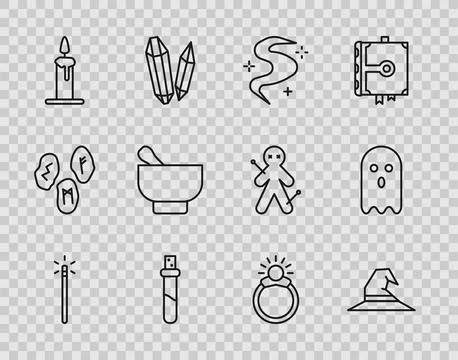 Set line Magic wand, Witch hat, fog or smoke, Bottle with love potion, Burn.. Ilustração Stock
