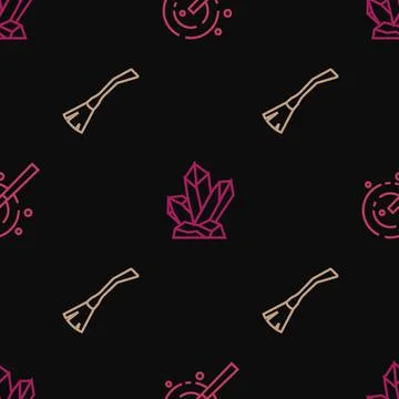 Set line Magic wand, Witches broom and stone on seamless pattern. Vector Stock Illustration