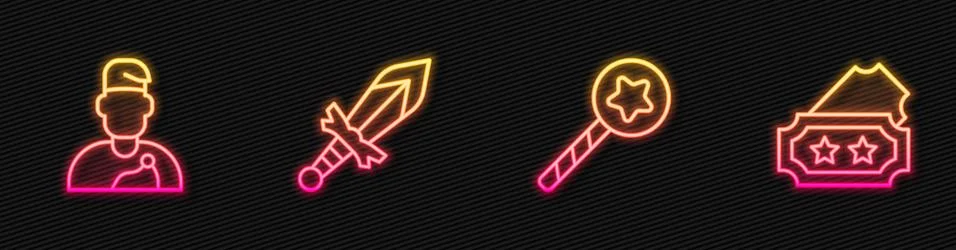 Set line Magic wand, Wizard warlock, Medieval sword and Ticket. Glowing neon Ilustração Stock