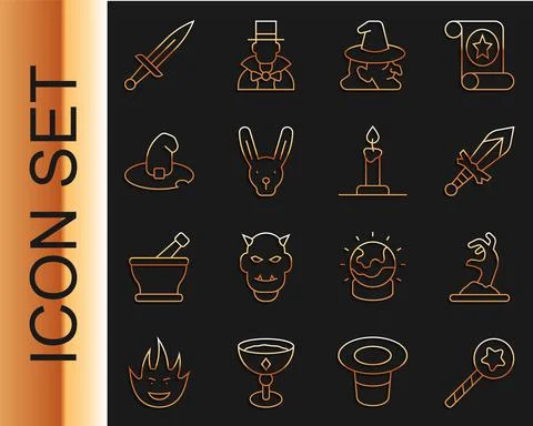 Set line Magic wand, Zombie hand, Medieval sword, Witch, Rabbit with ears, hat Stock-Illustration