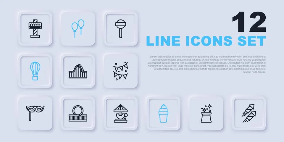 Set line Magician hat, Firework rocket, Roller coaster, Ice cream in waffle.. Иллюстрация