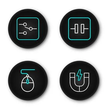 Set line Magnet, Computer mouse, Electrolytic capacitor and Switch in elect.. Illustrazione stock