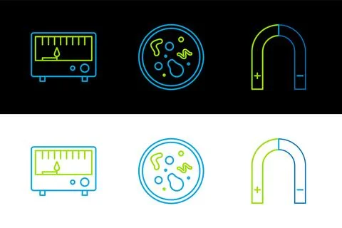 Set line Magnet, Electrical measuring instruments and Bacteria icon. Vector Illustrazione stock