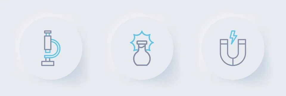 Set line Magnet, Explosion in the flask and Microscope icon. Vector Stock Illustration