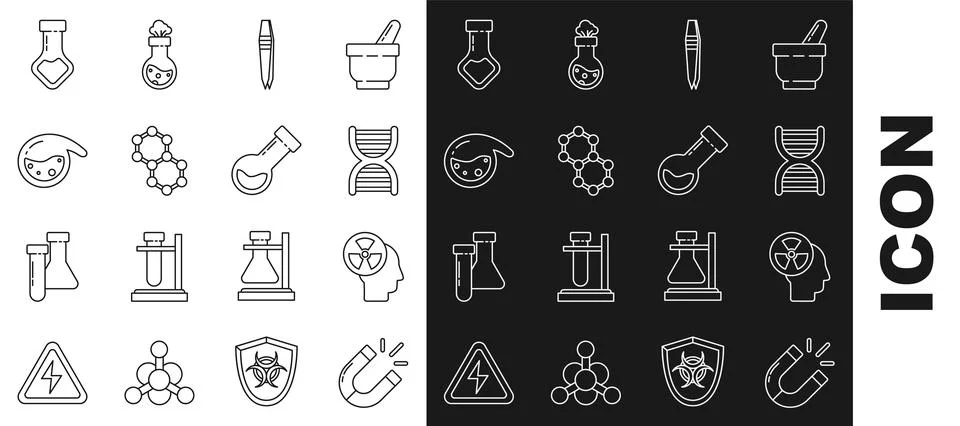 Set line Magnet, Human head and radiation, DNA symbol, Tweezers, Molecule, Test Stock Illustration