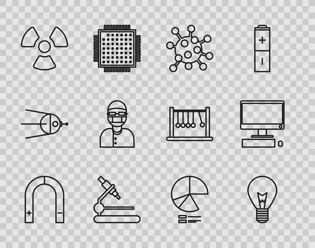 Set line Magnet, Light bulb with concept of idea, Bacteria, Microscope, Rad.. Stock Illustration