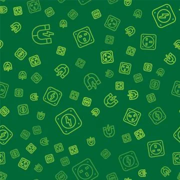Set line Magnet, Lightning bolt and Electrical outlet on seamless pattern Stock Illustration