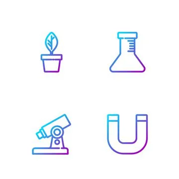 Set line Magnet, Microscope, Plant in pot and Test tube and flask. Gradient Stockillustratie