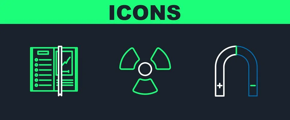 Set line Magnet, Notebook and Radioactive icon. Vector Stock Illustration