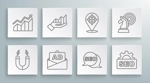 Set line Magnet, Pie chart infographic, Advertising, SEO optimization, Targ.. Stock Illustration