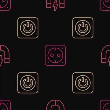 Set line Magnet, Power button and Electrical outlet on seamless pattern. Vect Stock Illustration