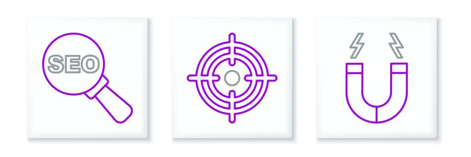 Set line Magnet, SEO optimization and Target icon. Vector Illustrazione stock