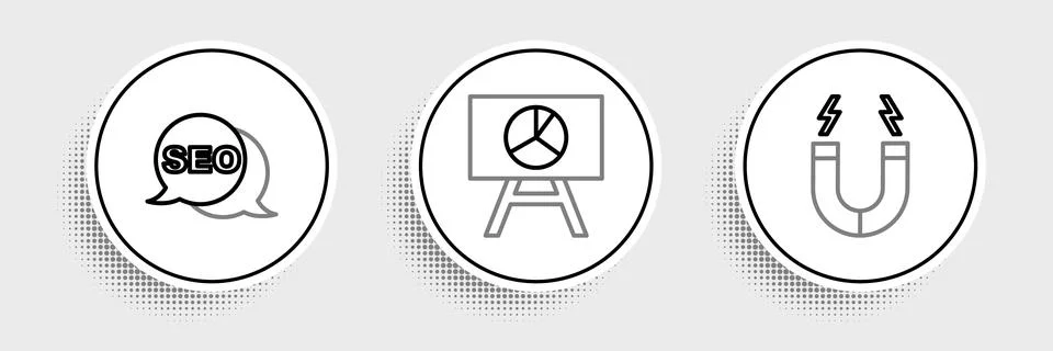 Set line Magnet, SEO optimization and Board with graph chart icon. Vector Stock Illustration