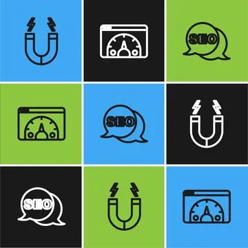 Set line Magnet, SEO optimization and Website statistic icon. Vector イラスト素材
