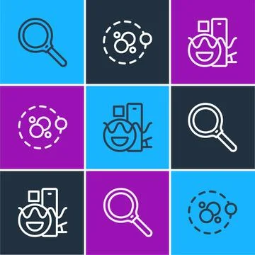 Set line Magnifying glass, Basic geometric shapes and Atom icon. Vector Stock Illustration