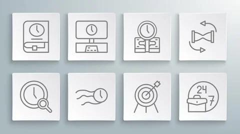 Set line Magnifying glass with clock, Smart Tv time, Time flies on the, Target Stock Illustration