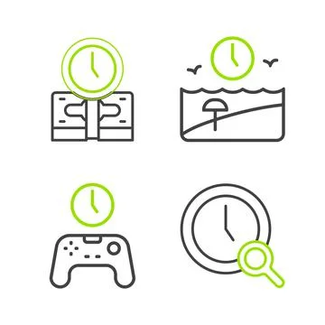 Set line Magnifying glass with clock, Gamepad of time, Vacation and Time is Stock Illustration